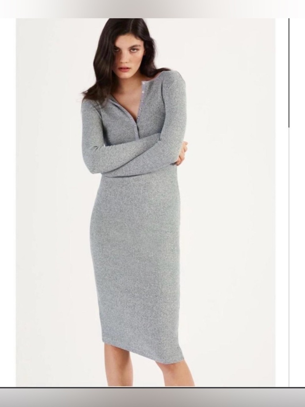 Zara Long Sleeve Ribbed Henley Knit Dress - Gray